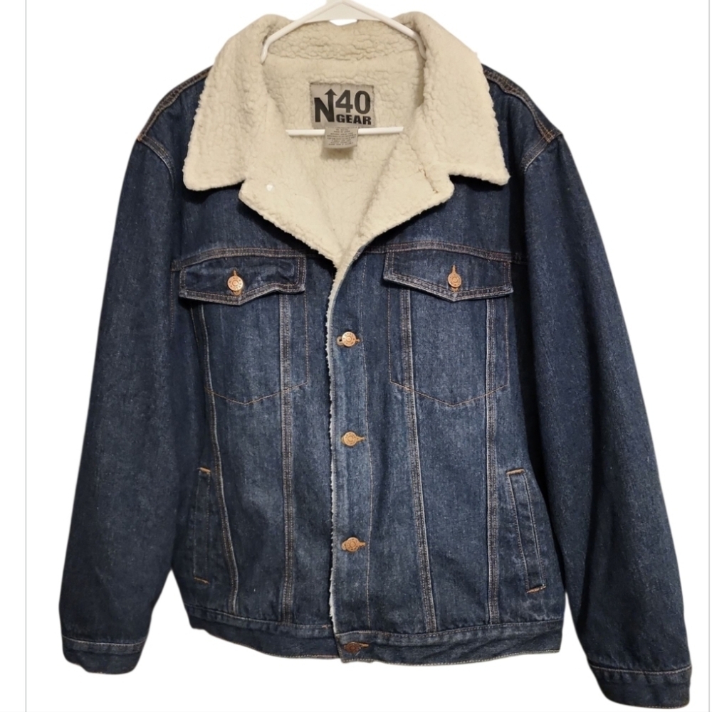 North 40 Gear Coat Sherpa Lined Denim Trucker Jacket Blue Jean Button Up Vintage